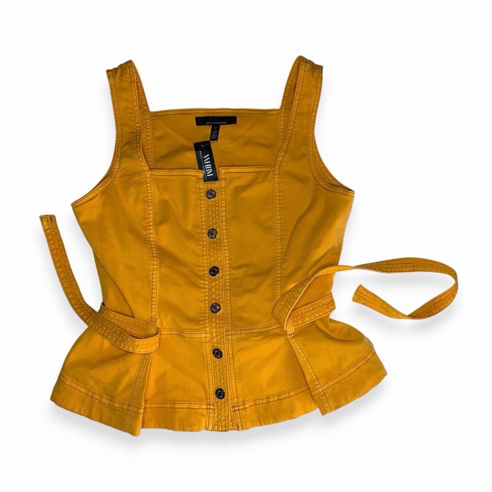 White House Black Market Mustard Yellow Snap-Front Peplum Tank Top Size 12 Twill